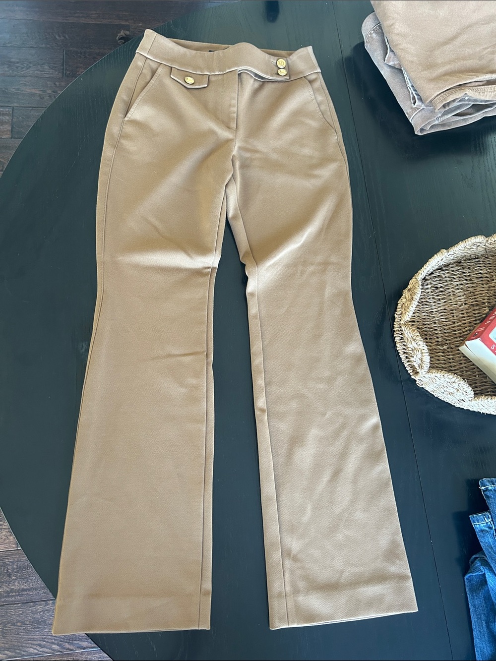 White House Black Market Women's Boot Cut Jeans in Camel Tan with Gold Buttons
